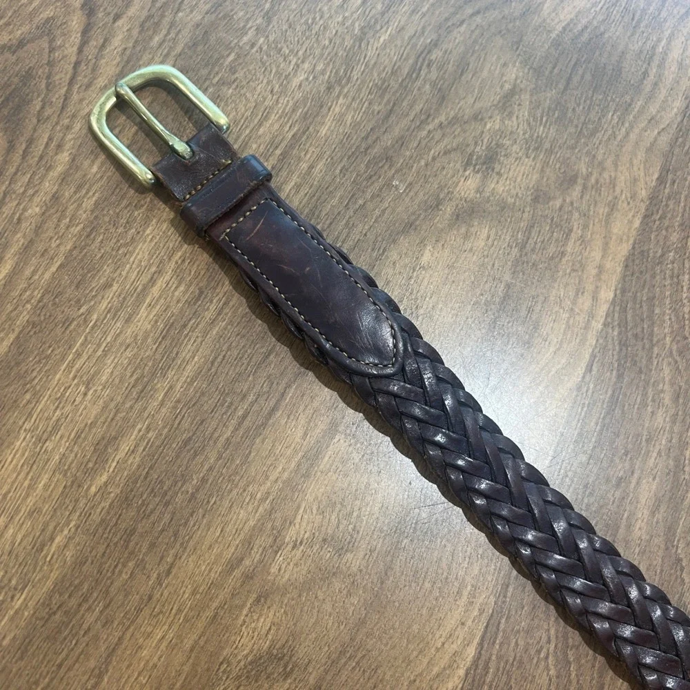 Vintage L.L. Bean Mens 28 Braided Leather Belt Dark Brown Brass Buckle